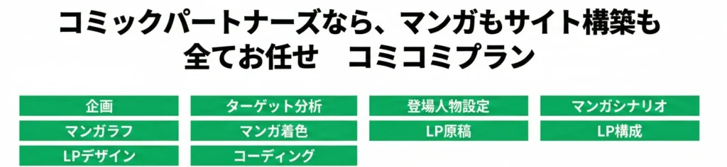 コミックパートナーズなら、マンガもサイト構築も
全てお任せコミコミプラン
